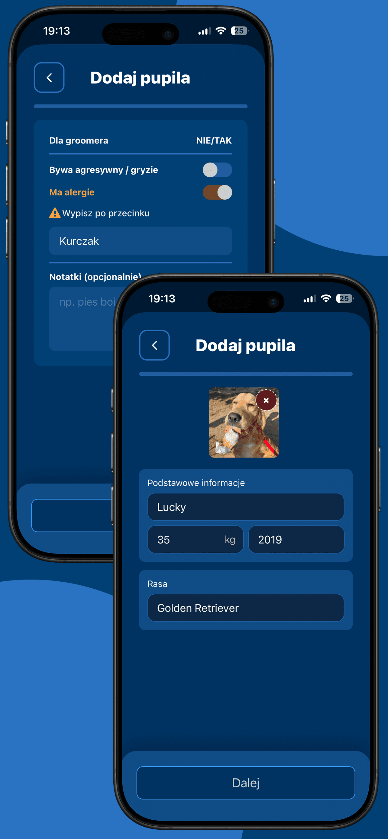 Etap tworzenia profilu pupila w aplikacji Groomee